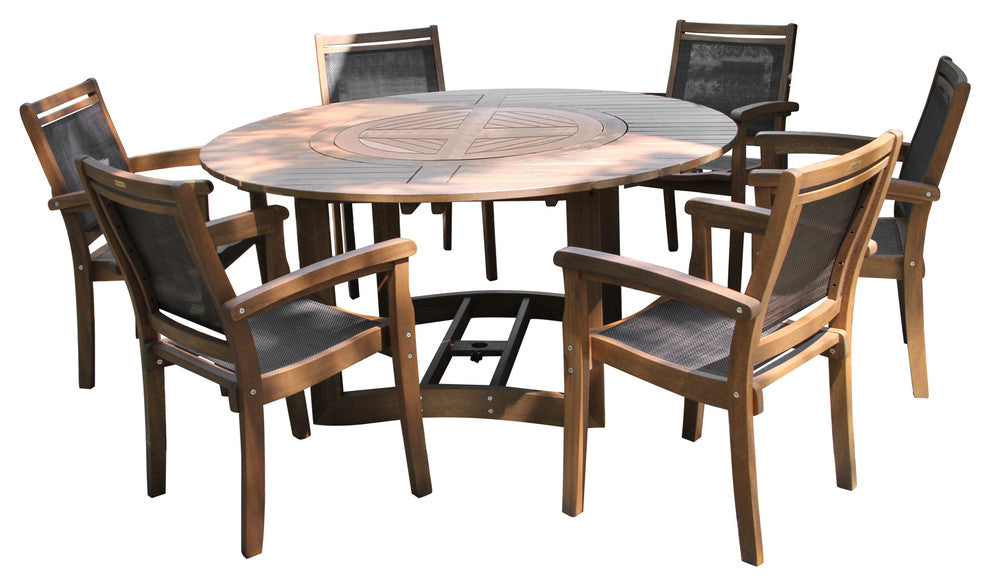 7-Piece Eucalyptus Dining Set With Stacking Armchairs and Built-In Lazy Susan