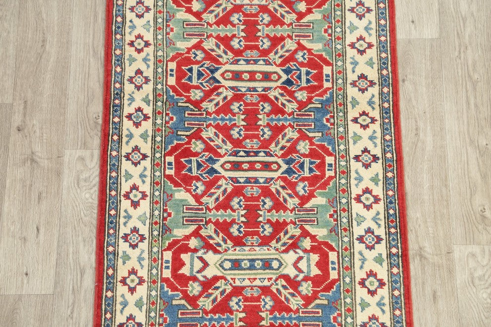Traditional Hand Made Pakistani Kazak Oriental Wool Runner Rug, Red, 9'2"X2'7"