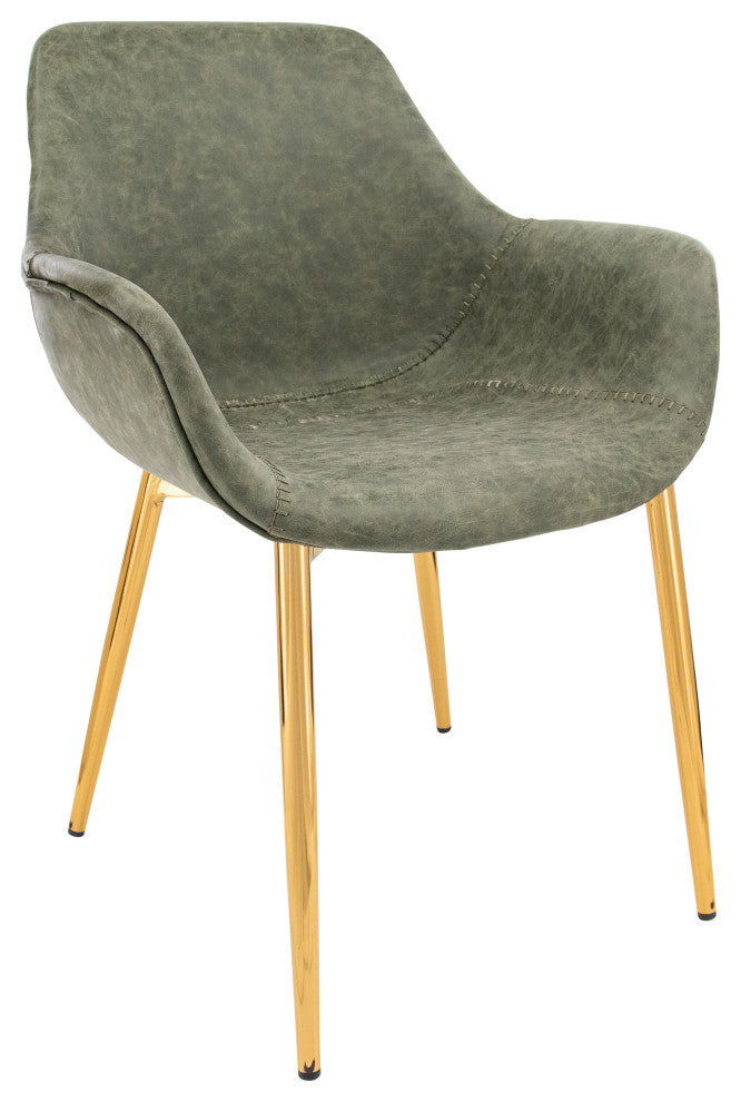 LeisureMod Markley Modern Leather Dining Armchair With Gold Legs, Olive Green