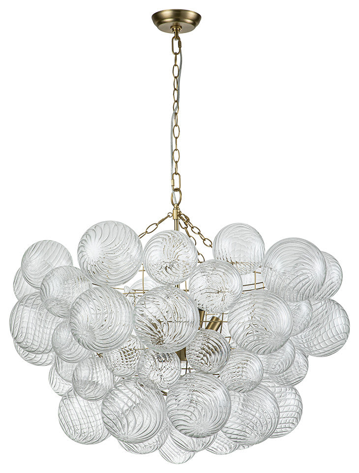 Contemporary Clear Ribbed Bubble Chandelier, Brass, 8 Lights
