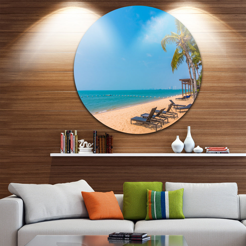 Blue Beach With Palm Trees, Seashore Photo Round Metal Wall Art, 11"