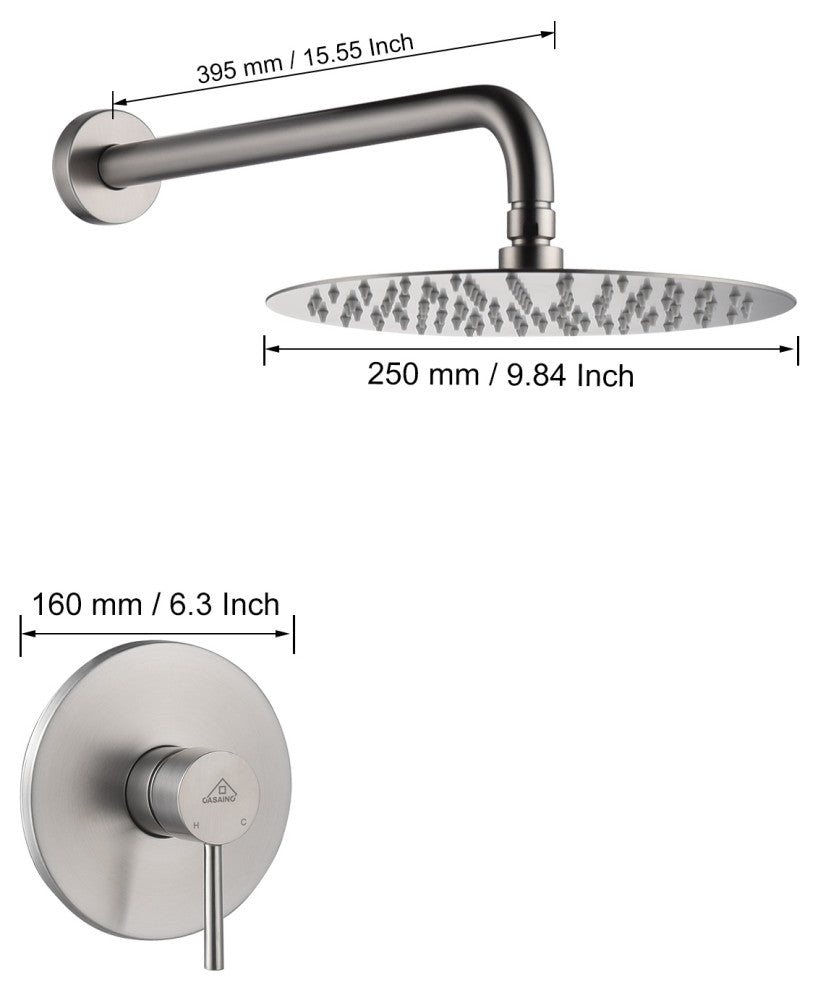 CASAINC 10" Round Wall Mounted Rainfall Luxury Shower System Kit, Brushed Nickel