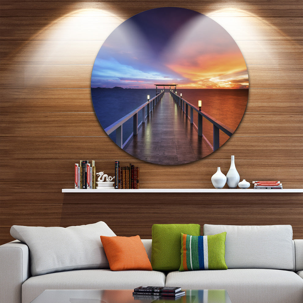 Picturesque Seashore With Long Pier, Sea Pier Round Wall Art, 23"
