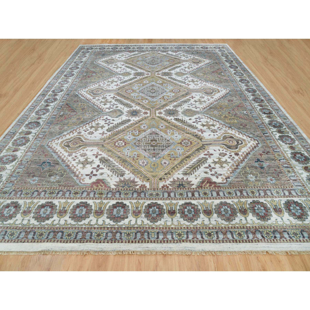 Pearl White Hand Knotted Unique Flower Rosettes Border Oversized Rug 13'8"x17'9"