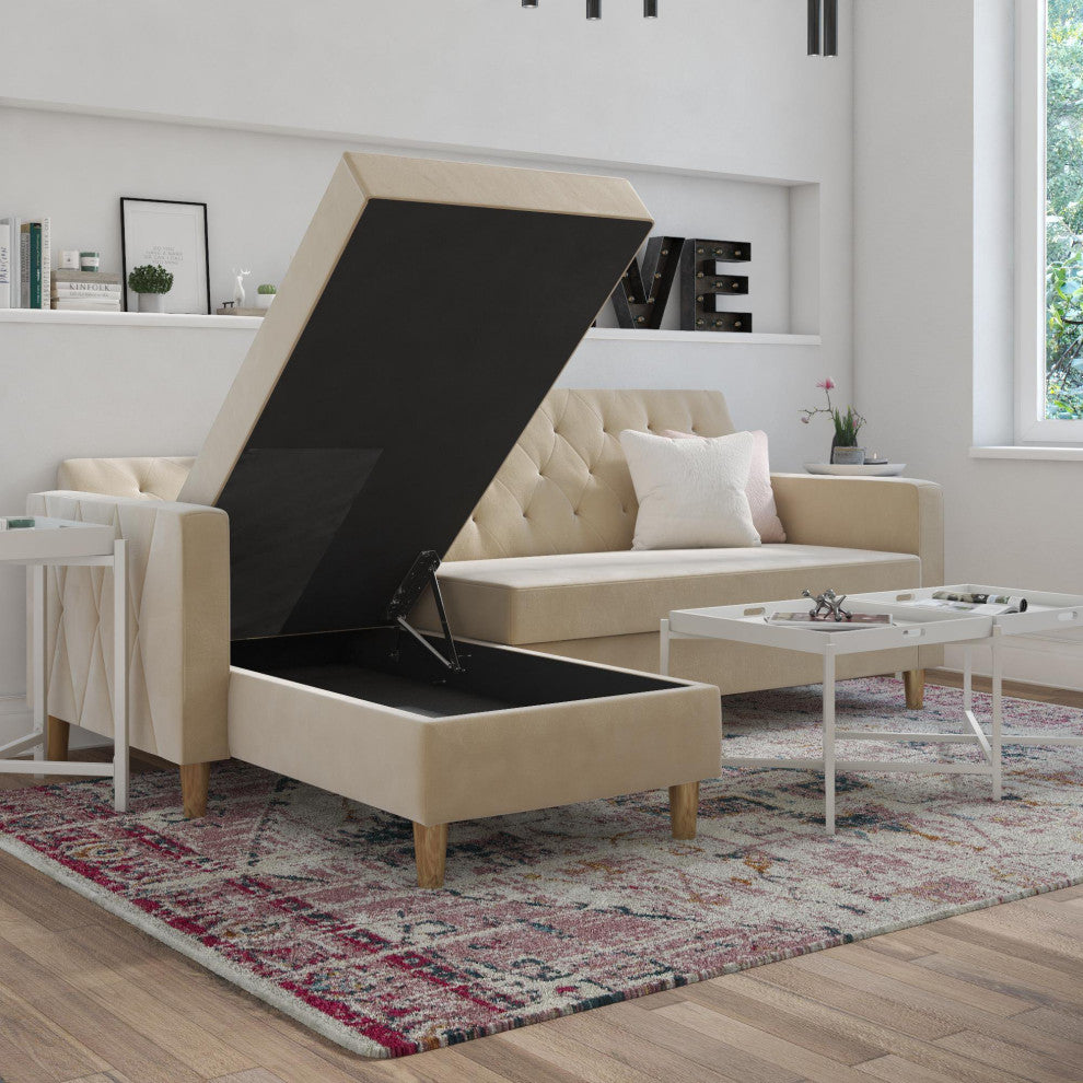 Unique Sectional Futon Sofa, Reversible Design With Diamond Tufting, Ivory