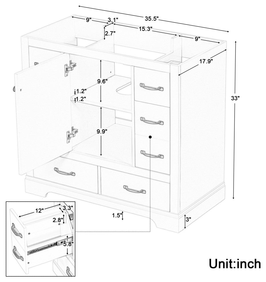 36" Freestanding Bath Vanity Cabinet Without Top, White