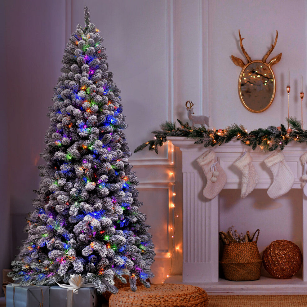 Flocked Alaskan Pine Christmas Tree, 9 Ft., Multi-Color Led String Lighting