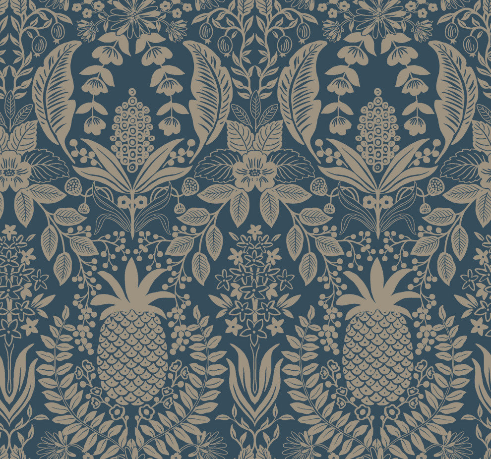 Pineapple Damask Navy Wallpaper