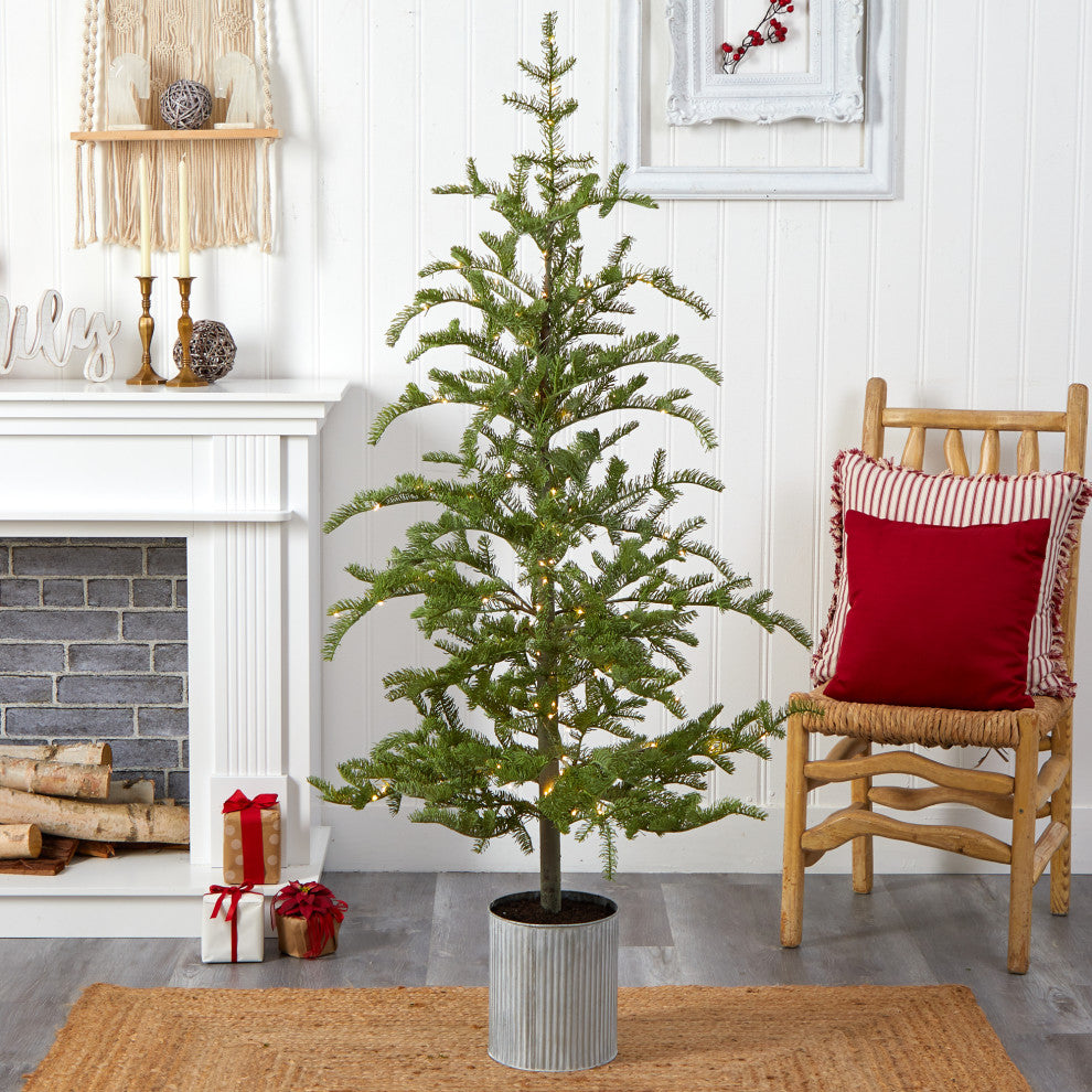 5.5' Pre-Lit Pine Artificial Christmas Tree, Decorative Planter With 150 Lights