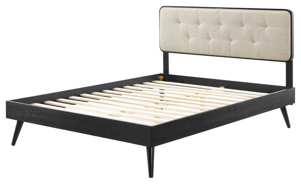 Platform Bed Frame, King Size, Wood, Black Beige, Modern Mid-Century, Bedroom