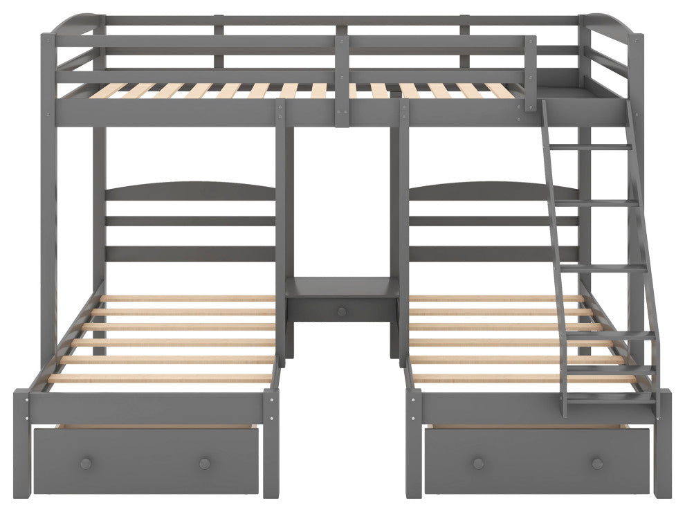 Gewnee Wood Full Over Twin & Twin Triple Bunk Bed with Drawers in Gray