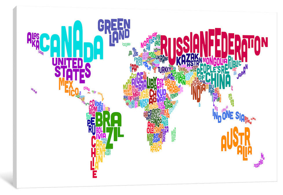 "Typographic Text World Map VI" by Michael Tompsett, Canvas Print, 18x12"
