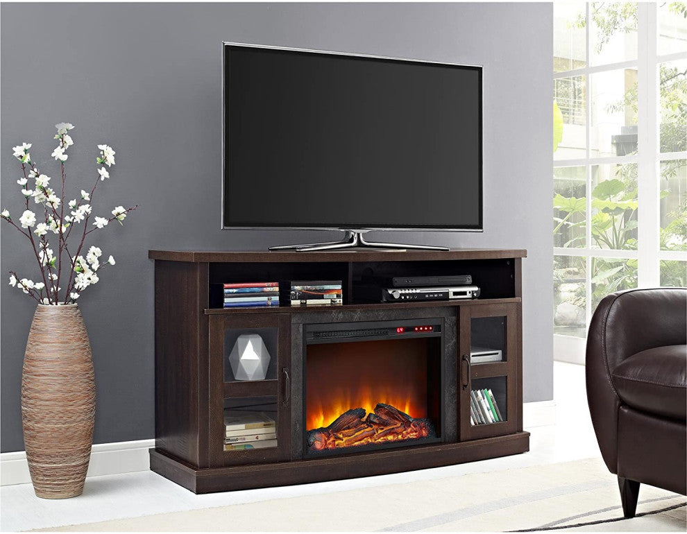 Transitional TV Stand, Fireplace With Faux Stone Surrounding Accent, Espresso