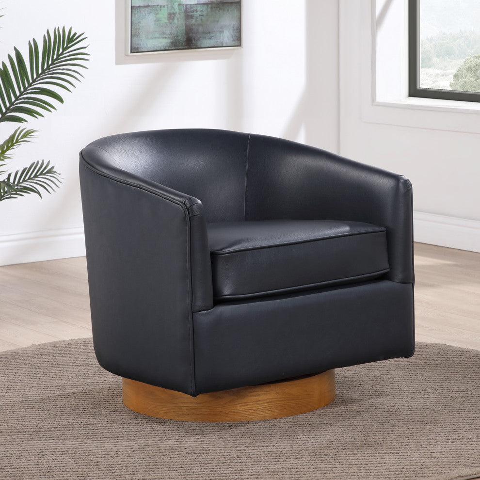 Irving Faux Leather Wood Base Barrel Swivel Chair, Midnight Blue