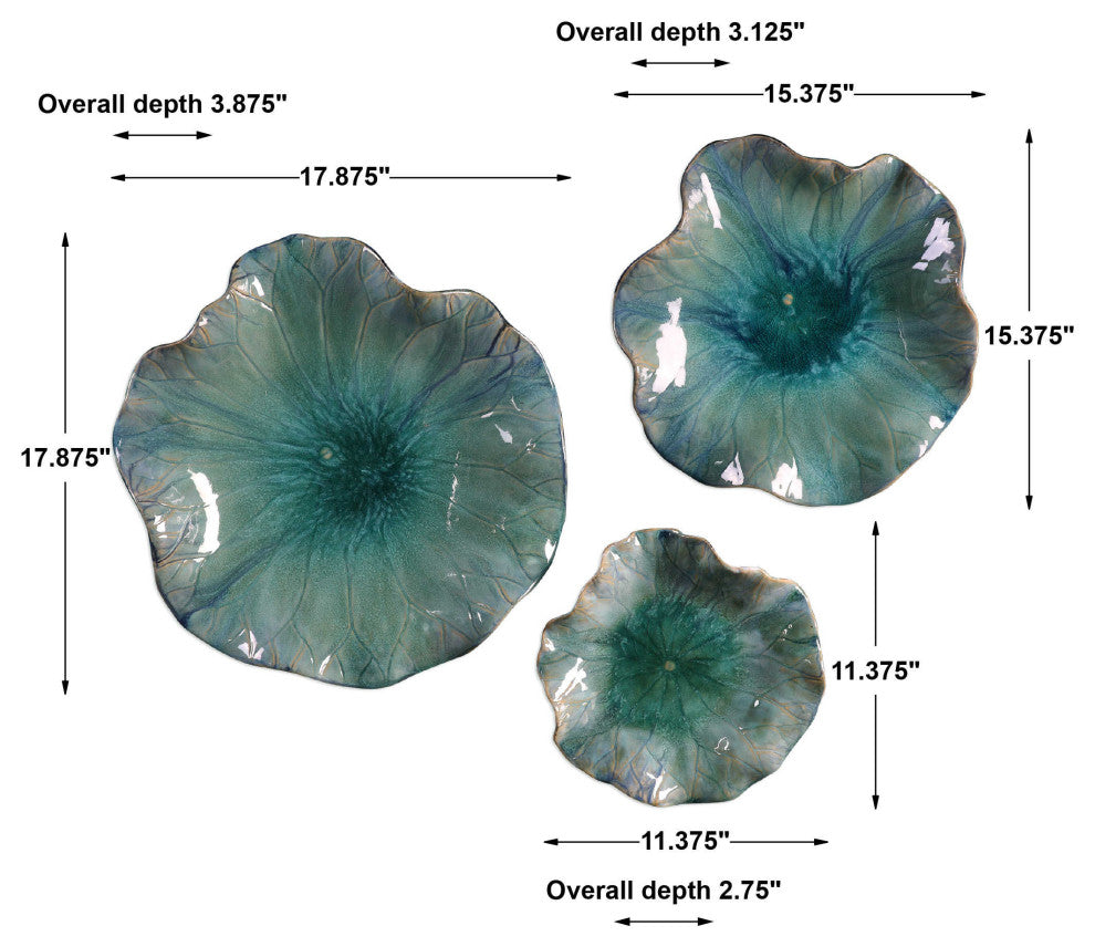 Turquoise Aqua Lily Pad Wall Art, 3-Piece Set, Flower Sculpture Blue Hanging