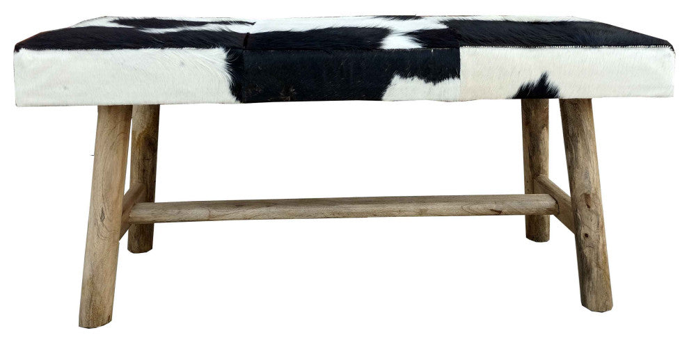Tauro Black and White Cowhide Bench With Wooden Legs