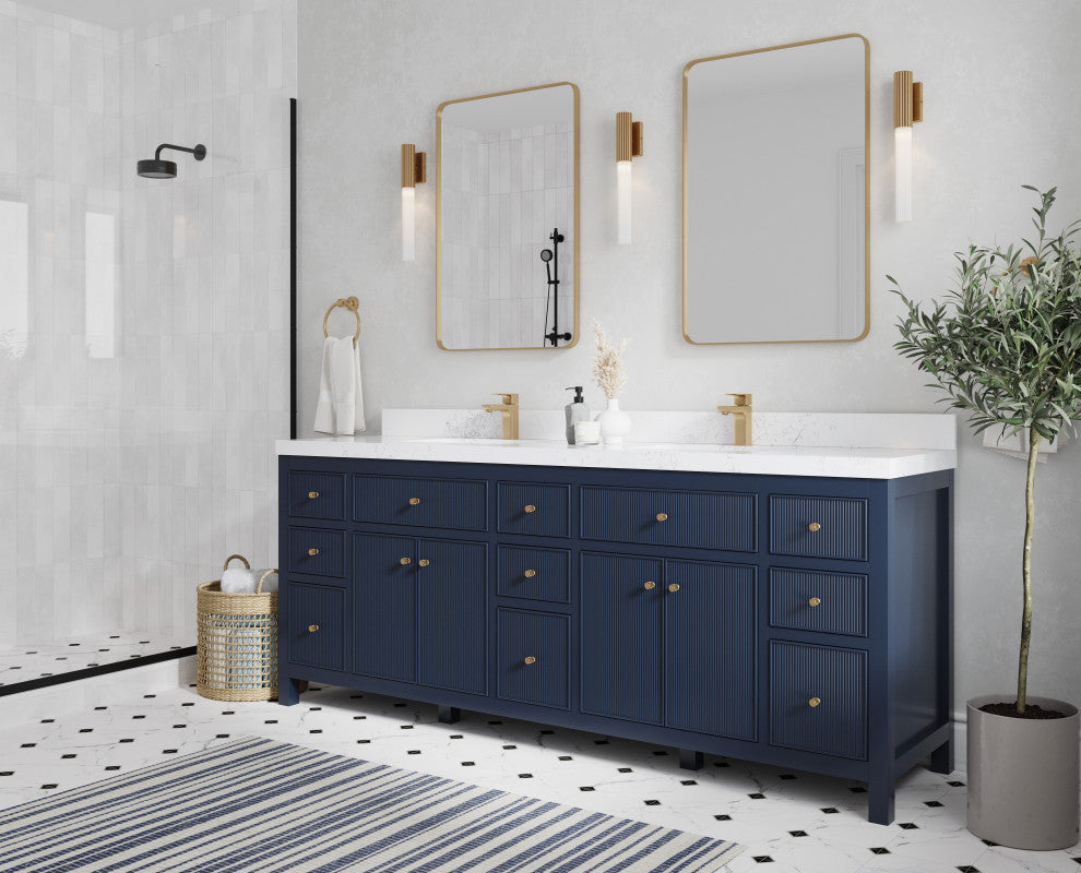 Sonoma 84 Double Sink Reeded Bath Vanity in Hale Navy Blue 2" Carrara Marble