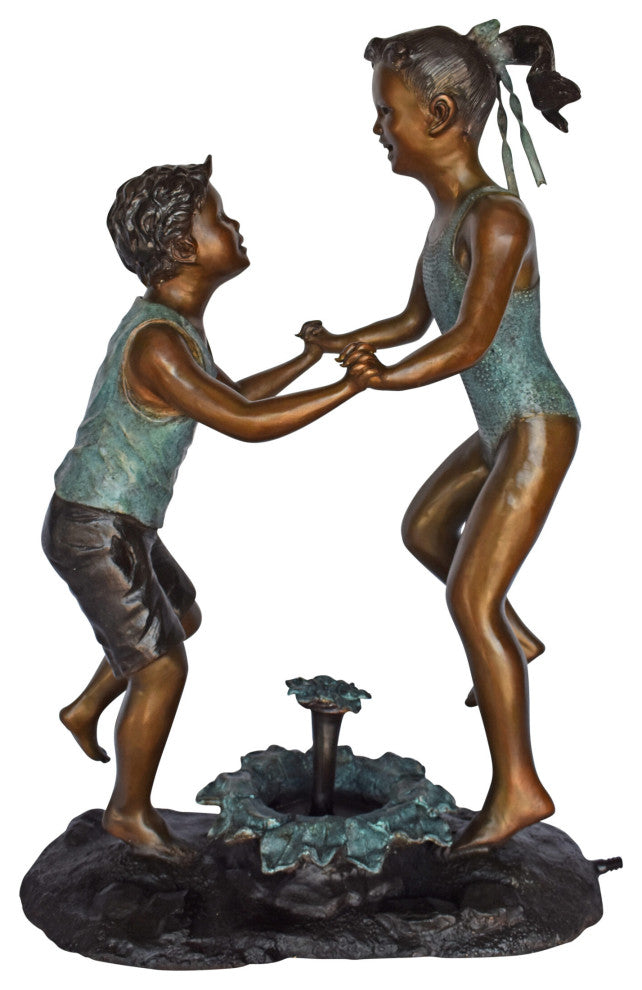 Young Boy and girl dancing around fountain bronze statue-Size 28" x 13" x 38"H