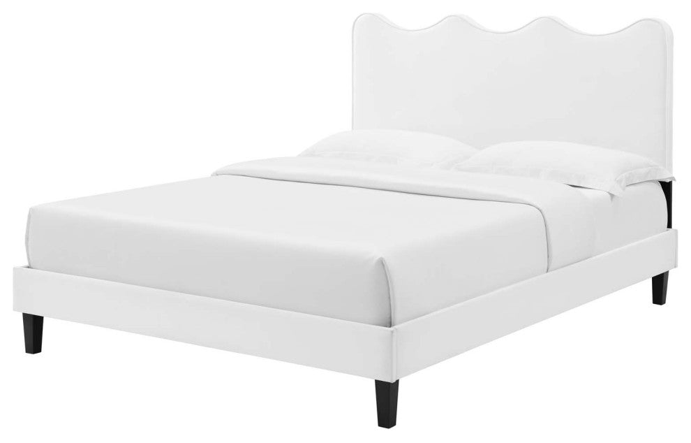 Platform Bed Frame, King Size, White, Velvet, Modern, Bedroom Guest Suite