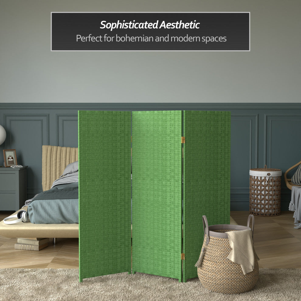 4'' Tall Woven Fiber Room Divider, Light Green, 3 Panel