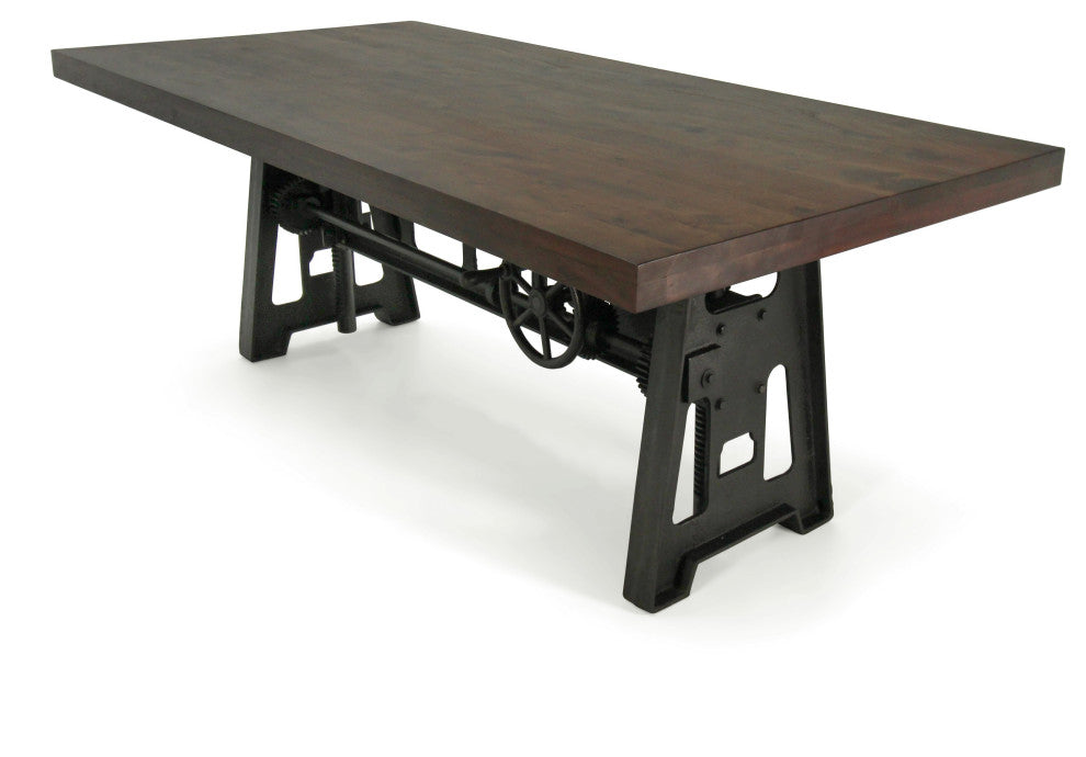 Industrial Dining Table - Cast Iron Base - Adjustable Height Crank - Walnut