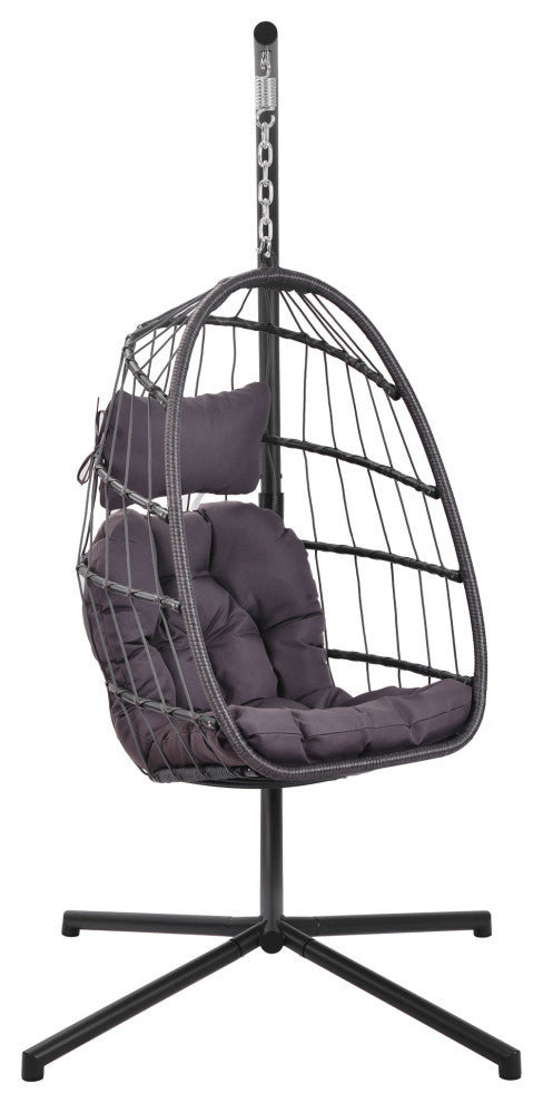 Outdoor Patio Wicker Swing Chair Hanging Egg Chair With Cushion, Dark Gray