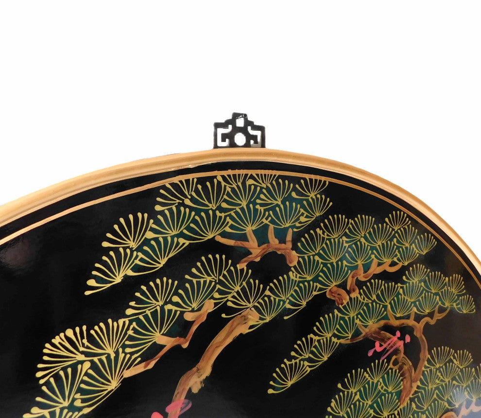 Round Oriental Wall Panel Hand-Painted, Cranes Design