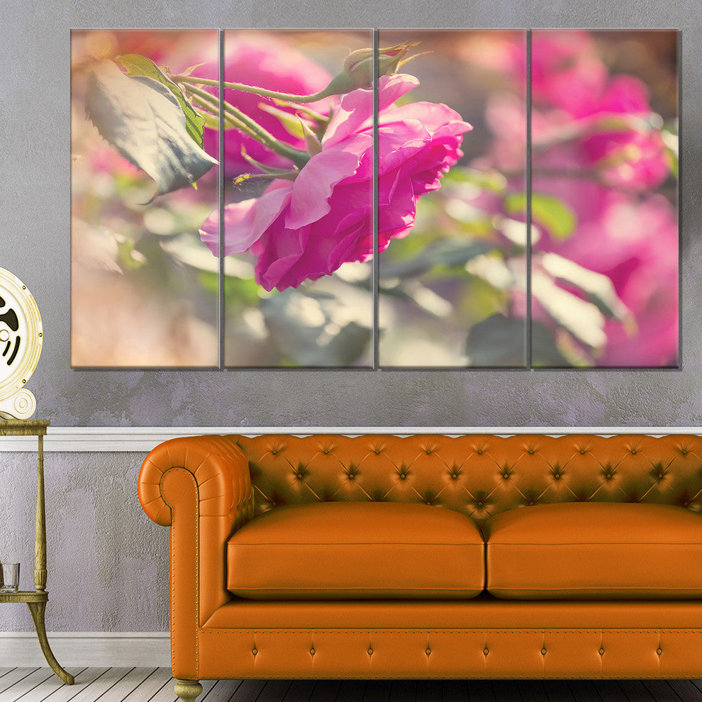 Beautiful Pink Rose Flowers, Floral Canvas Art Print, 48"x28", 4 Panels