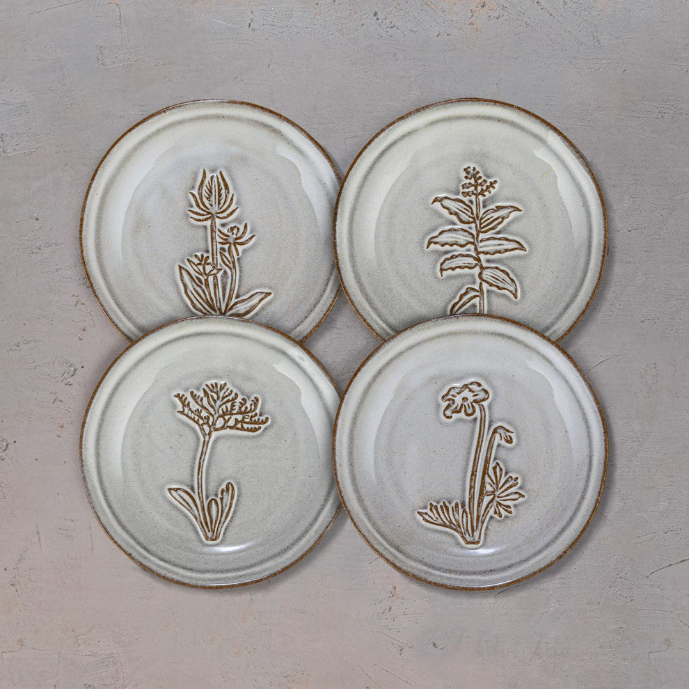 5" Round Dish, Reactive Glaze, 4 Flower Design Styles, Cream, Brown, Set of 12