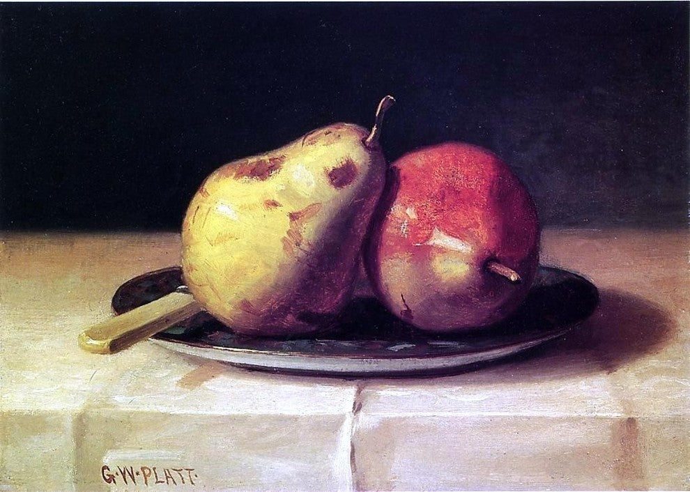 George W Platt Two Pears on a Dish, 18"x27" Gallery Wrapped Canvas Print