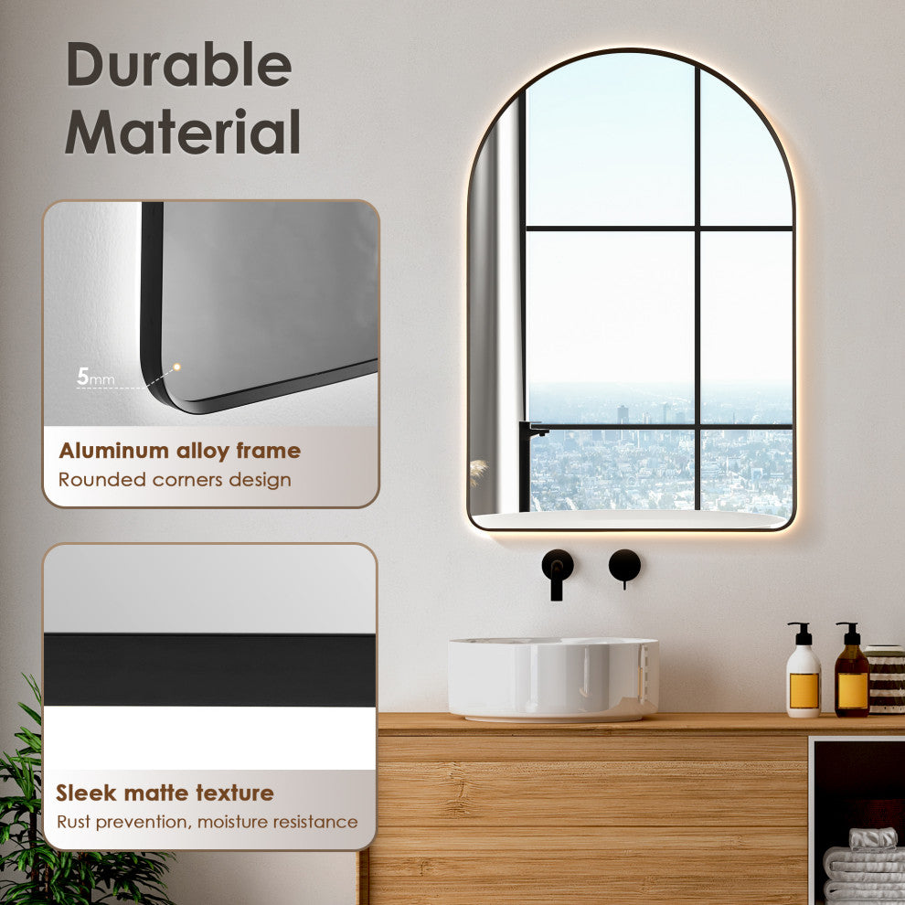 Starlit Domed Bathroom/Vanity LED Wall Mirror, Matte Black, 24"