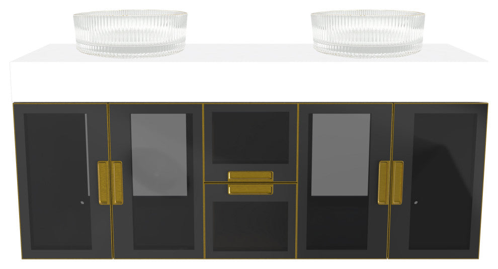 Modern Wall-Mount Vanity With Top & 16" Ribbed Sink, Top Gold, 60"