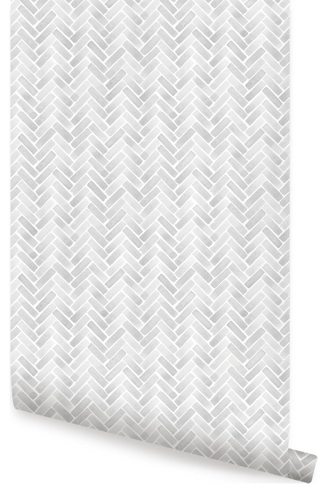 Watercolor Herringbone Peel and Stick Vinyl Wallpaper, Winter Grey, 24"w X 108"h