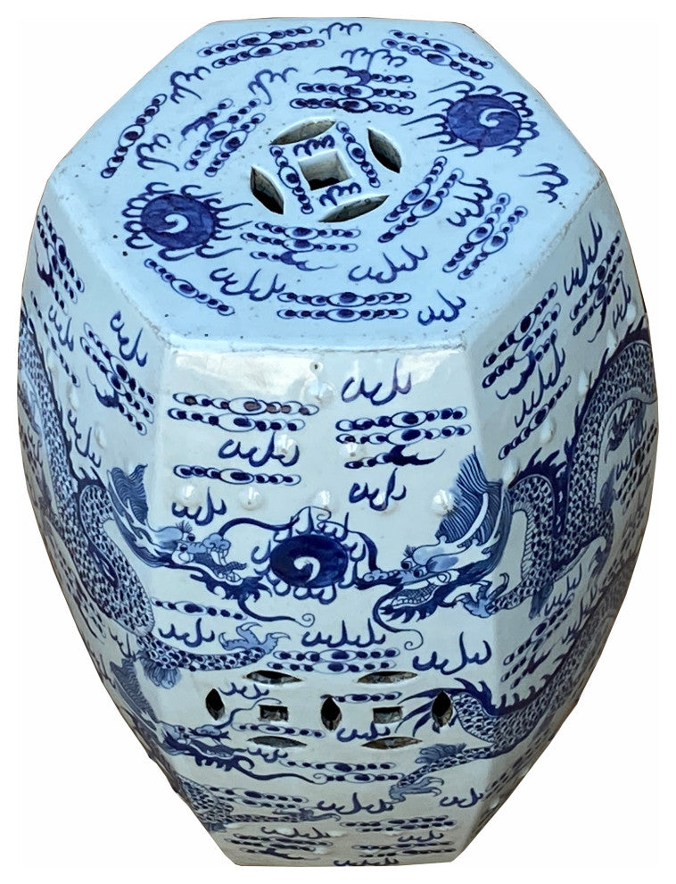 Chinese Blue & White Porcelain Hexagon Double Dragons Table Stool Hcs7004