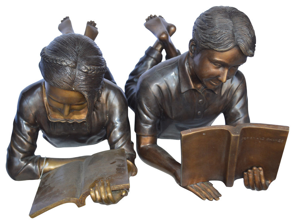 A Set of Boy and Girl Reading Books Bronze Statue -  Size: 31"L x 10"W x 14"H.