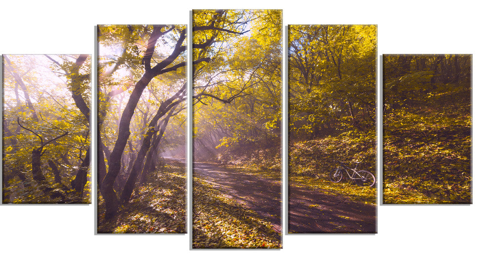 Bicycle Ride in Fall Forest, Landscape Canvas Art Print, 60"x32", 5 Panels