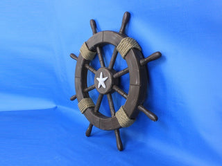 Rustic Wood Finish Decorative Ships Wheel With Starfish, 18"