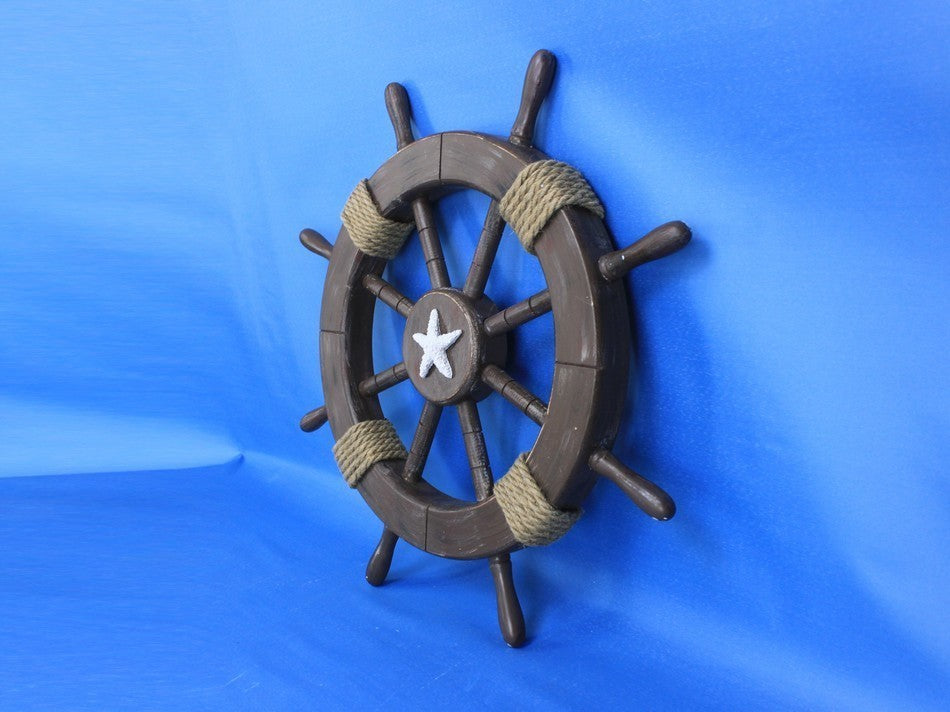 Rustic Wood Finish Decorative Ships Wheel With Starfish, 18"