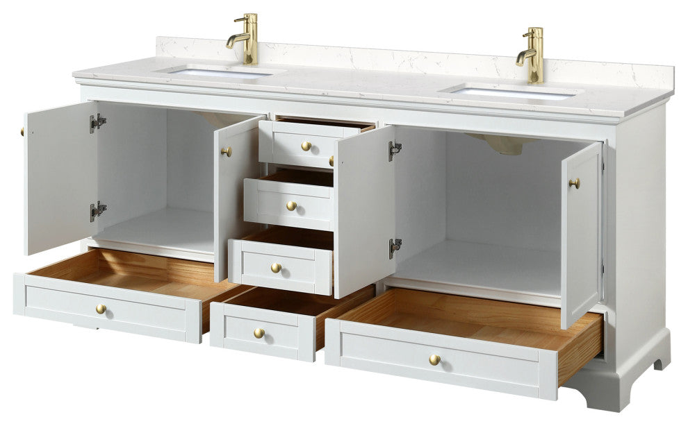 80"DBL Bathroom Vanity White, Carrara Cult. Marble Countertop, Sinks, Gold Trim