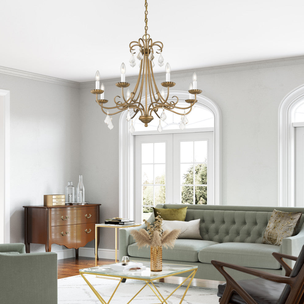 Daphne 8-Light Antique Gold Leaf Large Chandelier, Clear Crystals