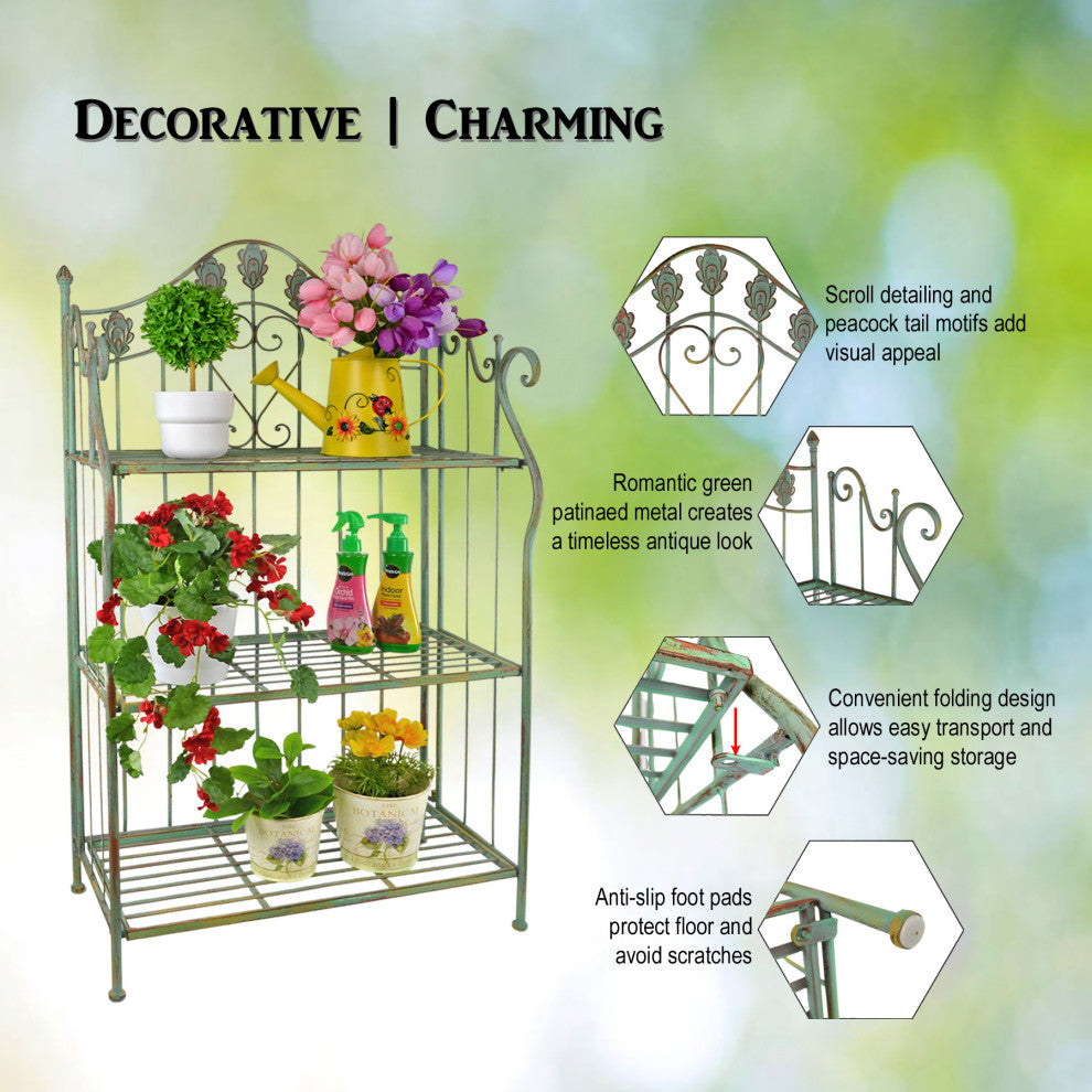 41" Folding Metal Shelf, Baker's Rack With Scrolling Heart and Peacock Tail Mot