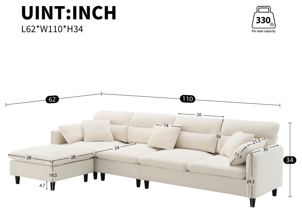 GDF Studio Modern Convertible L-Shaped Sectional Sofa With Ottoman, Beige
