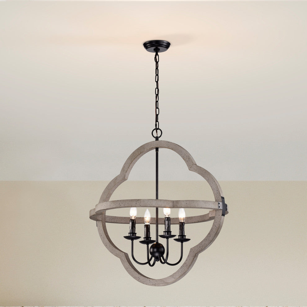 4-Light Slate Wood and Black Finish Geometric Cage Chandelier