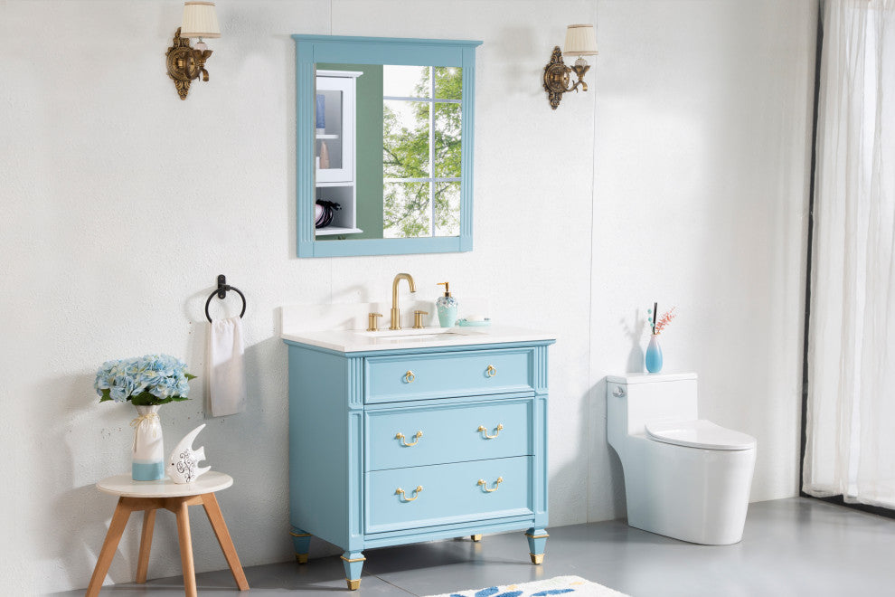 36 In Bathroom Vanity Set with Quartz Top, 32 In Mirror, cUPC Certified Sink, Classic Blue