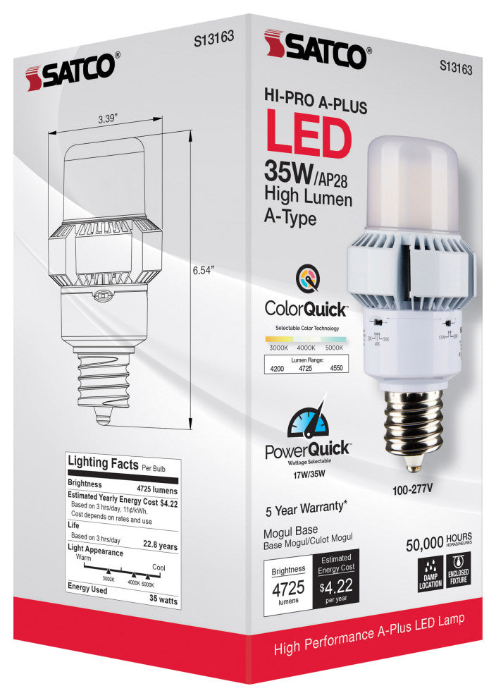 35W, A-Plus 28, LED, CCT Selectable andWage Selectable, Extended Mogul Base