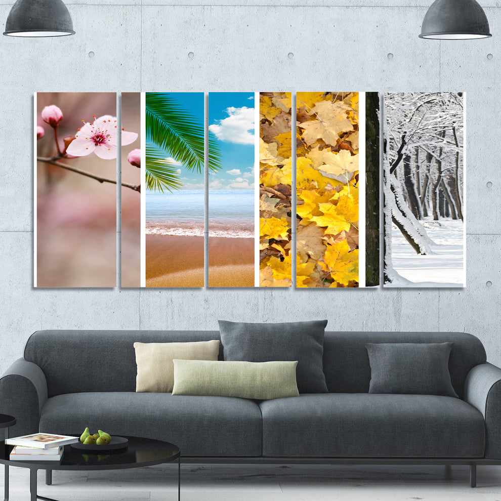 Four Seasons World Collage, Landscape Canvas Art Print, 60"x28", 5 Panels