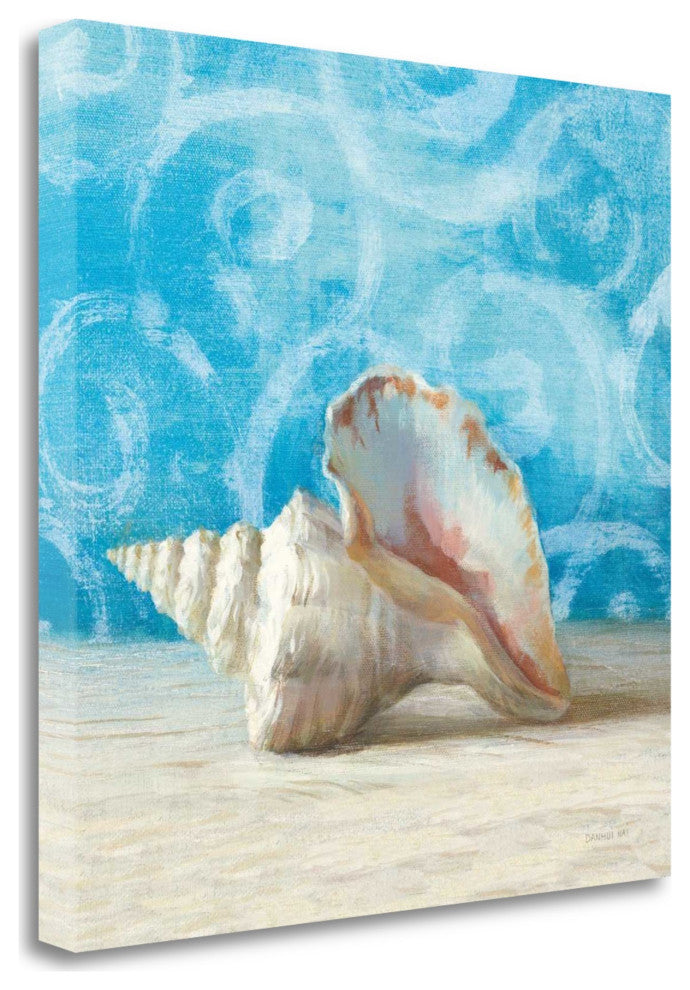 30" Mod Blue Scroll Coastal Conch 4 Giclee Wrap Canvas Wall Art