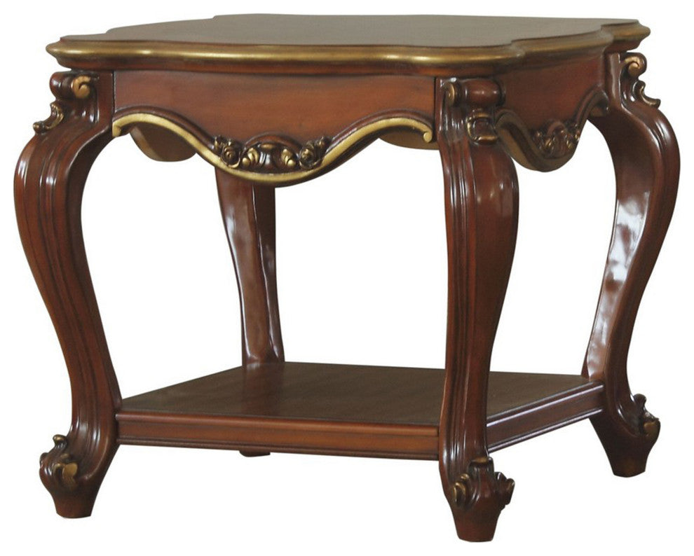 Benzara BM225947 End Table with Open Bottom Shelf and Carved Details, Brown