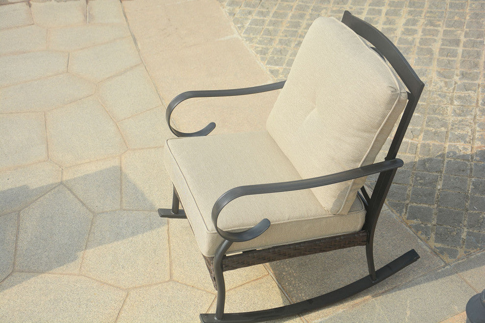 HomeRoots 25" X 33" X 34" Black Steel Patio Rocking Chair With Beige Cushions