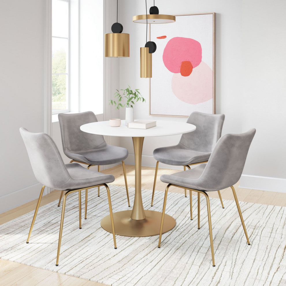 Dining Chair, Set of 2, Steel Metal, Fabric, Gray, Gold, Cafe Bistro